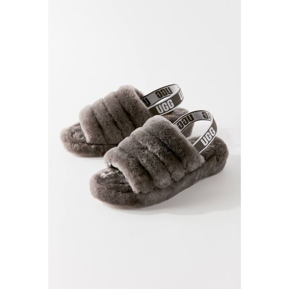 Urban Outfitters x UGG® Fluff Yeah Shearling Fur Slide Sandals Charcoal Grey - Picture 1 of 10